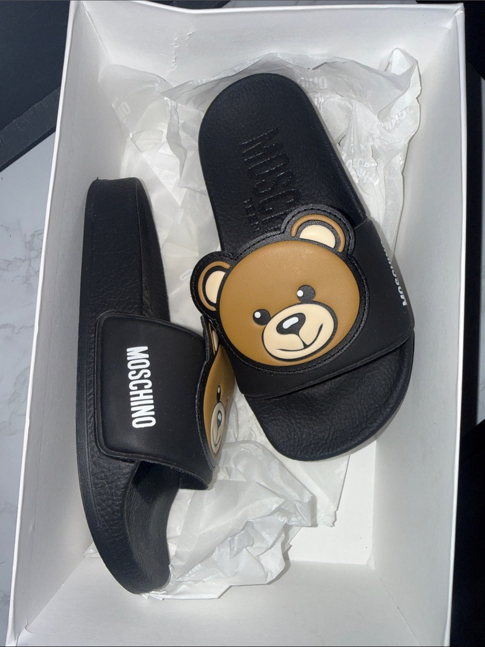 Moschino Black Slides with Brown Teddy Bear Appliqués